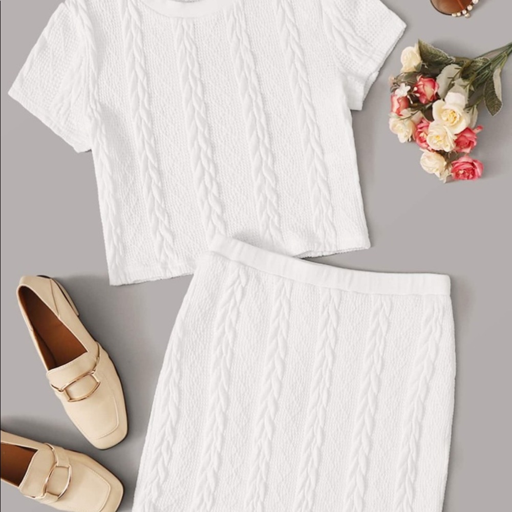 White Cable Knit Crop Top + Skirt Co-Ord Set